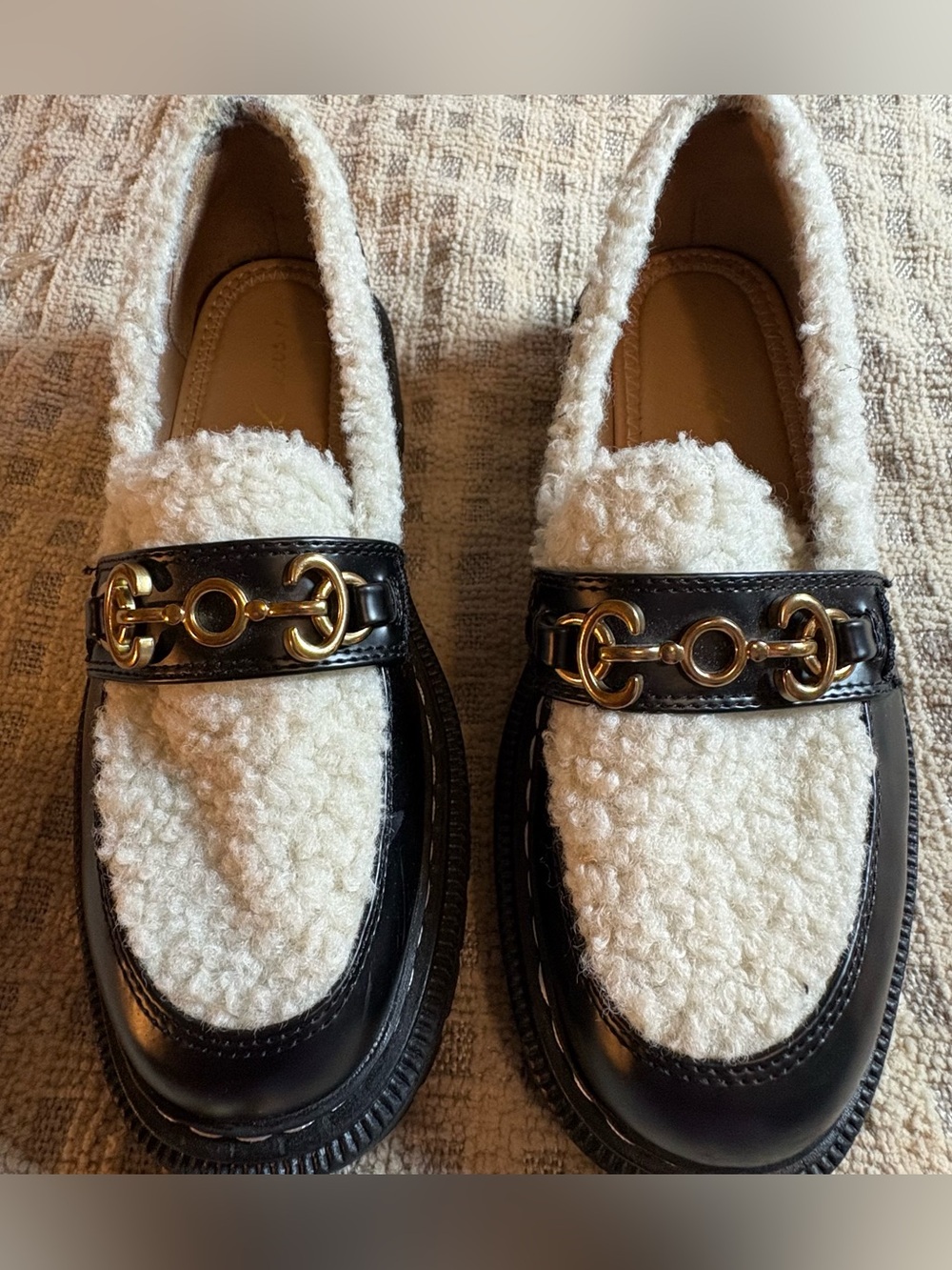 Women’s Black Leather & Ivory Shearling Loafers with Gold Hardware